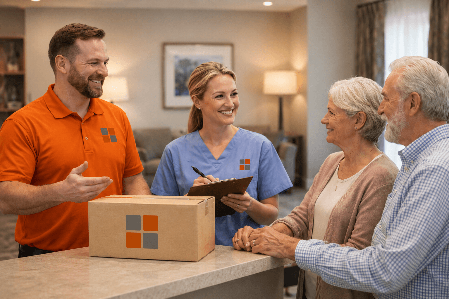 FourSquare team members talking with residents at a care community front desk