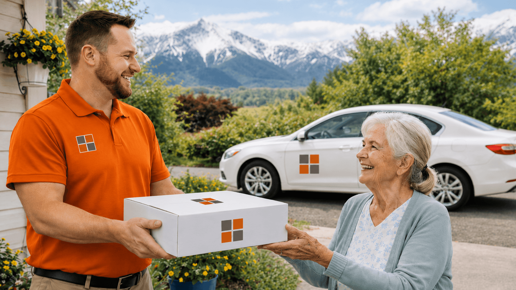 A FourSquare delivery driver handing a medication package to a senior at her front door, with Colorado mountains in the background