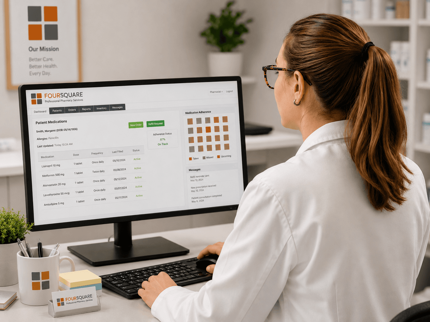A FourSquare pharmacist entering patient medication information into the pharmacy system
