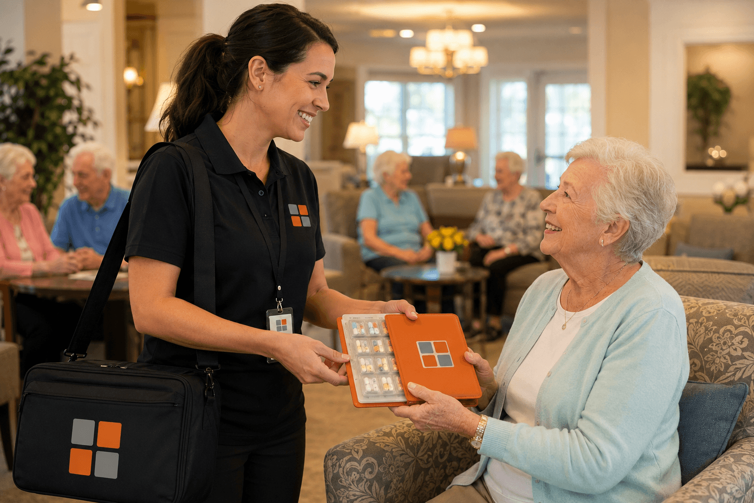 A FourSquare team member handing a weekly medication pack to a resident in an assisted living community