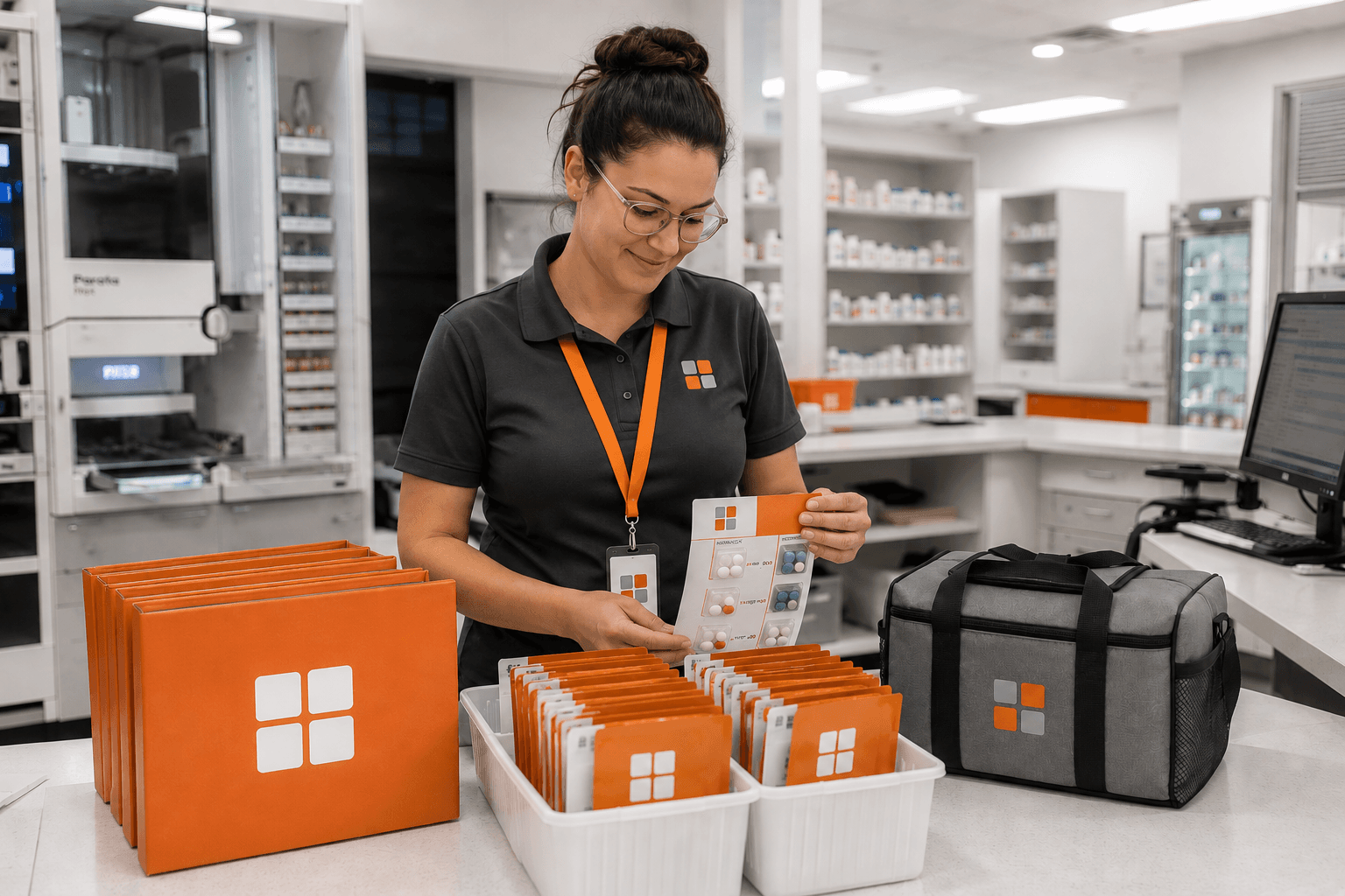 A FourSquare pharmacy technician preparing labeled medication pill packs for delivery