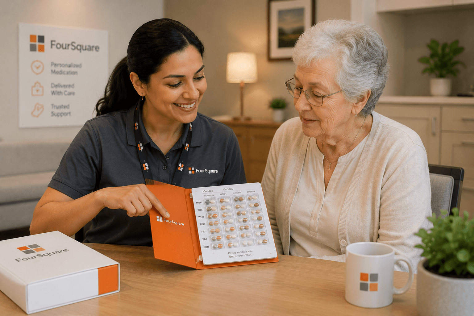 A FourSquare team member reviewing a weekly medication pack with a resident