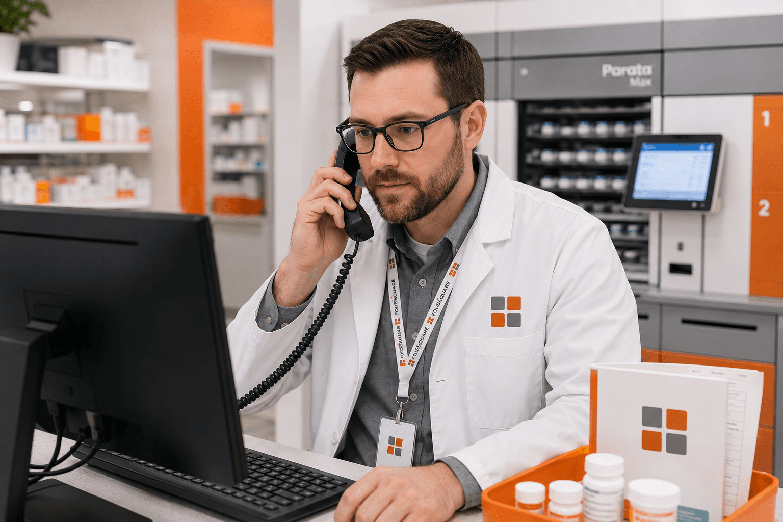 A FourSquare pharmacist answering a phone call at his workstation