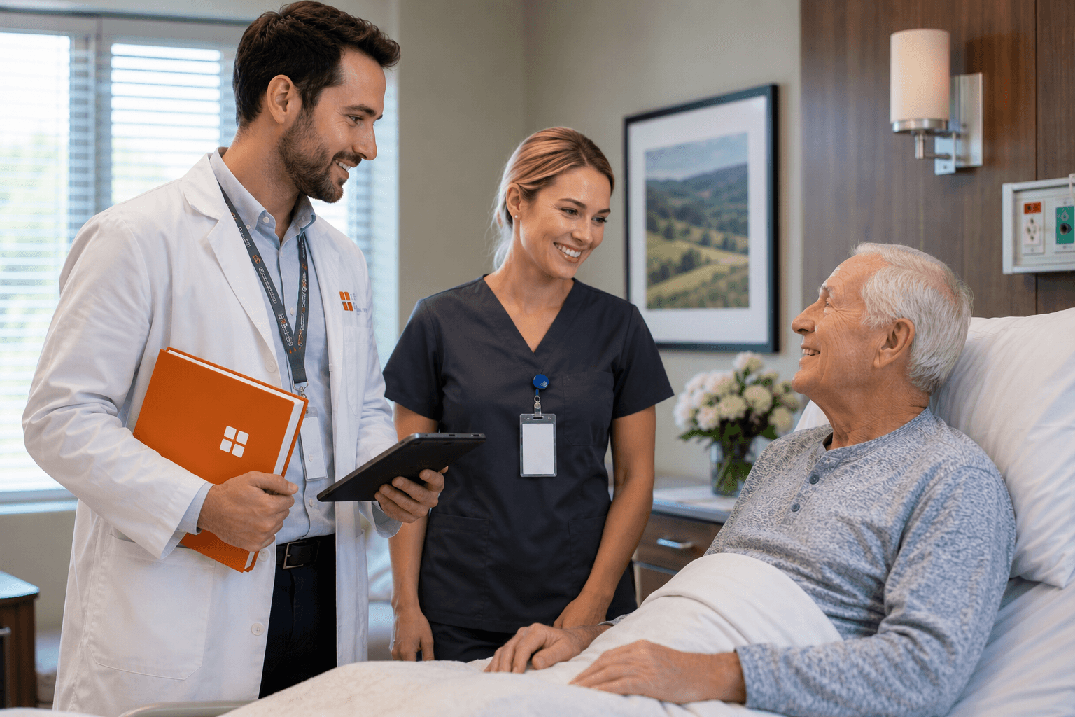 A physician and nurse consulting with a senior patient at his bedside in a skilled nursing facility