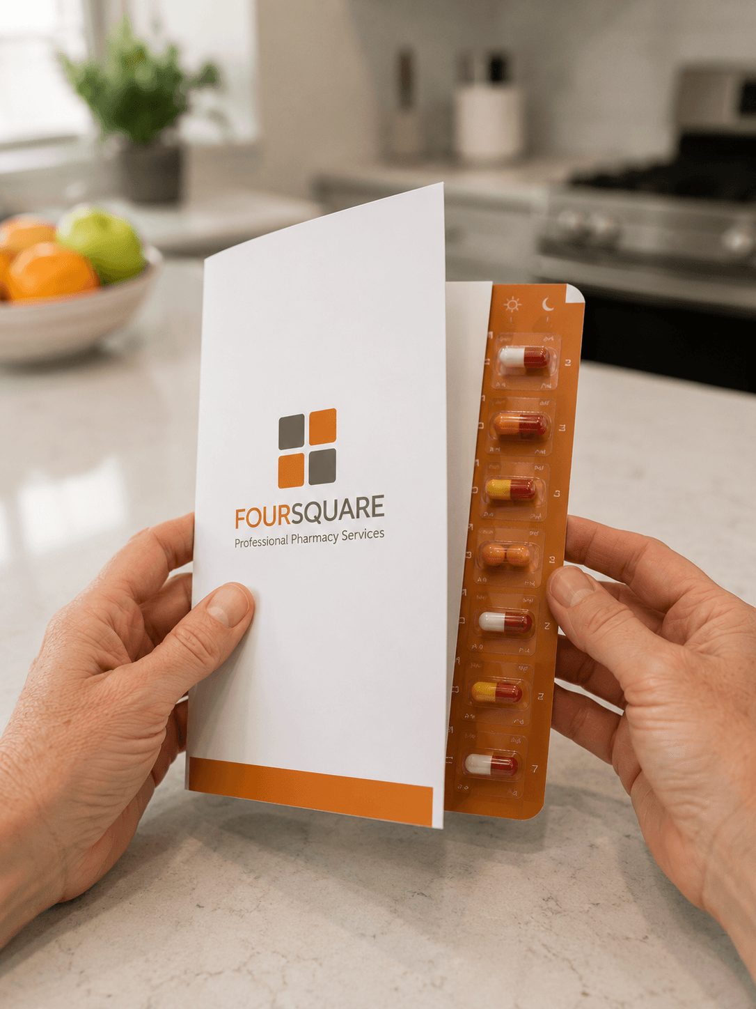 A FourSquare branded multi-dose pill pack held in a senior's kitchen